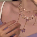 Light Luxury Alloy Double Layer Crystal Necklace With Rhinestone Flower Butterfly Pendant Tassel view 3