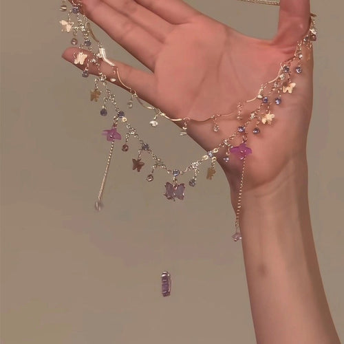 Light Luxury Alloy Double Layer Crystal Necklace With Rhinestone Flower Butterfly Pendant Tassel