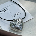 Light Luxury Wax Cord Necklace With Carved Zinc Alloy Heart Pendant And Round Accent For Women view 2
