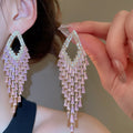 Light Luxury Copper Zircon Rhombus Rectangle Tassel Drop Earrings With Silver Needle Posts view 3
