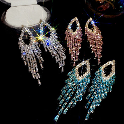 Light Luxury Copper Zircon Rhombus Rectangle Tassel Drop Earrings With Silver Needle Posts