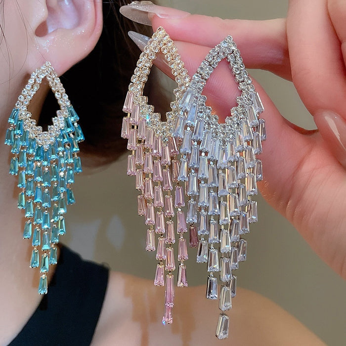 Light Luxury Copper Zircon Rhombus Rectangle Tassel Drop Earrings With Silver Needle Posts