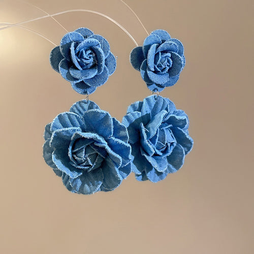 Fabric Flower Drop Earrings With Silver Needle, Sweet European Style Floral Pendant Earrings