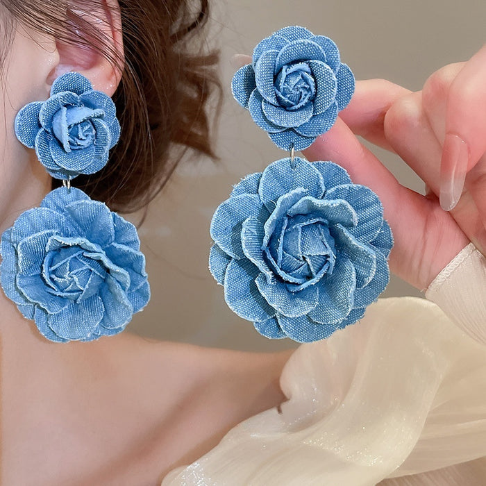 Fabric Flower Drop Earrings With Silver Needle, Sweet European Style Floral Pendant Earrings