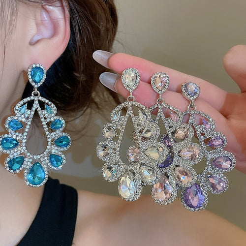 Light Luxury Alloy Rhinestone Hollow Teardrop Drop Earrings For Elegant Women Jewelry