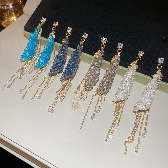 Silver Needle Zircon Square Crystal Chain Tassel Drop Earrings For Women Light Luxury Style