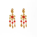 Vintage Ethnic Indian Gold Alloy Hollow Flower Rhinestone Red Crystal Bead Dance Tassel Clip Earrings view 5