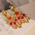 Vintage Ethnic Indian Gold Alloy Hollow Flower Rhinestone Red Crystal Bead Dance Tassel Clip Earrings view 4