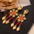 Vintage Ethnic Indian Gold Alloy Hollow Flower Rhinestone Red Crystal Bead Dance Tassel Clip Earrings view 2