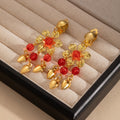 Vintage Ethnic Indian Gold Alloy Hollow Flower Rhinestone Red Crystal Bead Dance Tassel Clip Earrings view 3