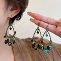 Vintage Ethnic Alloy Waterdrop Stone Flower Pendant Drop Earrings for Women view 1