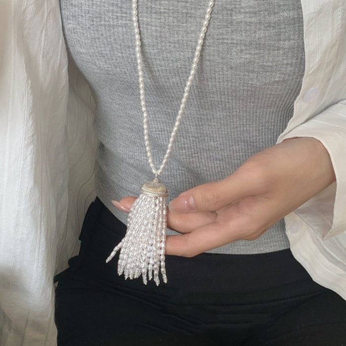 Light Luxury Faux Pearl Beaded Wheat Ear Tassel Geometric Choker Necklace