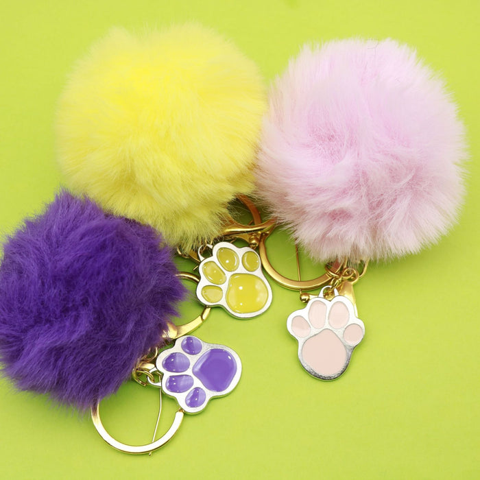 Metal Paw Print Pom Pom Keychain Bag Charm Gift