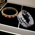 Luxury Zircon Pearl Triple Layer Open Cuff Bangle With Square Accent For Women view 2