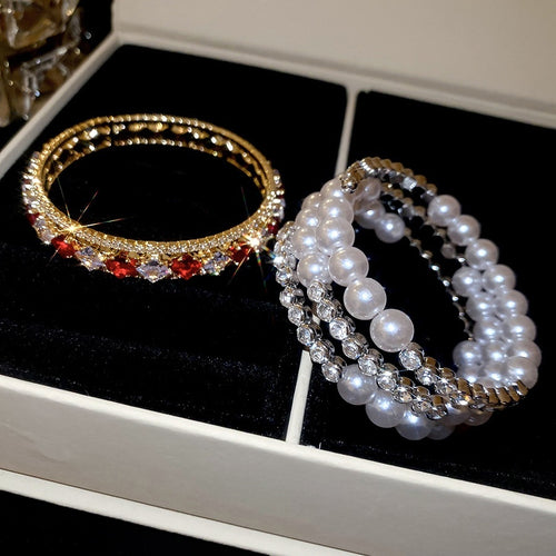 Luxury Zircon Pearl Triple Layer Open Cuff Bangle With Square Accent For Women