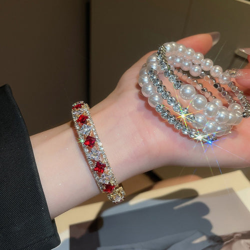 Luxury Zircon Pearl Triple Layer Open Cuff Bangle With Square Accent For Women