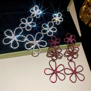 Copper Rhinestone Flower Hollow Tassel Drop Earrings For Women, Light Luxury European Style