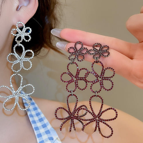 Copper Rhinestone Flower Hollow Tassel Drop Earrings For Women, Light Luxury European Style