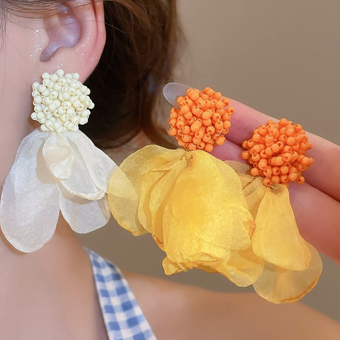 Acrylic Chiffon Flower Tassel Clip-on Earrings, Sweet Vacation Style No-Piercing Ear Cuffs
