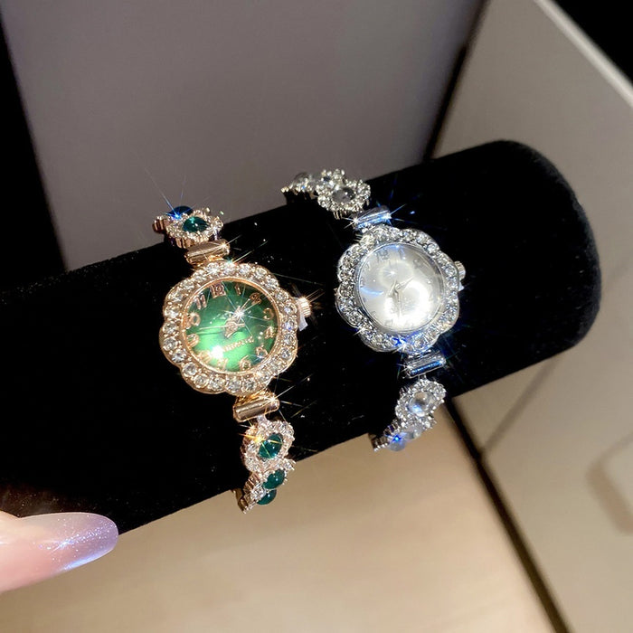 Rhinestone Round Watch Charm Pull Bangle Vintage Palace Style Alloy Luxury Bracelet for Women