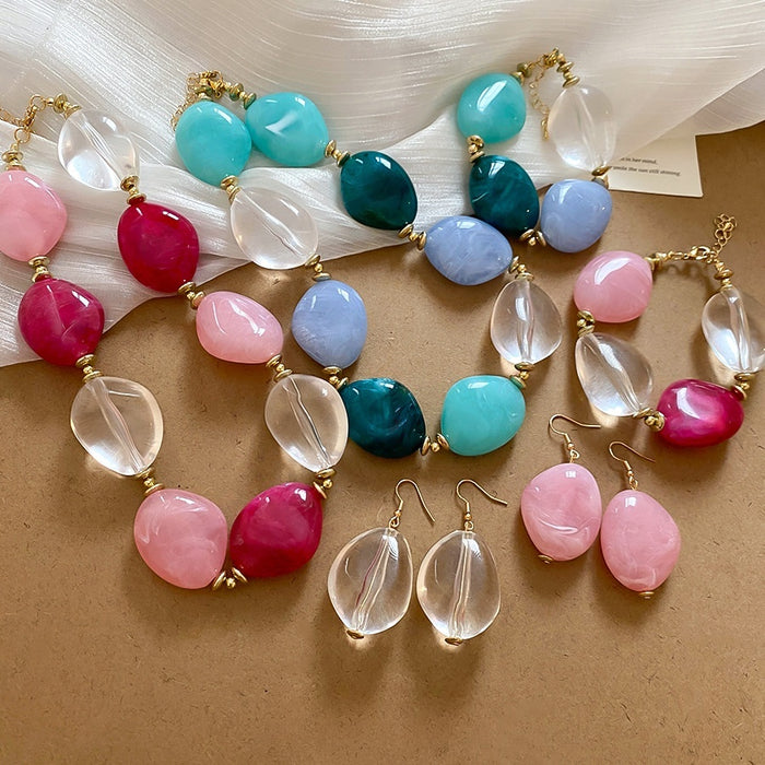 Fresh Style Acrylic Oval Bead Bracelet Earrings Necklace Jewelry Set For Women