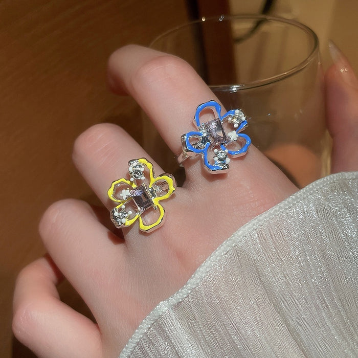 Alloy Rhinestone Enamel Hollow Flower Open Ring For Women Sweet Elegant Light Luxury Jewelry