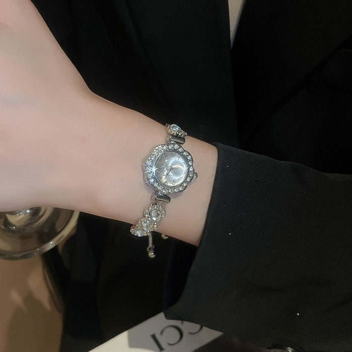 Light Luxury Sparkling Alloy Rhinestone Geometric Round Watch Style Adjustable Bangle