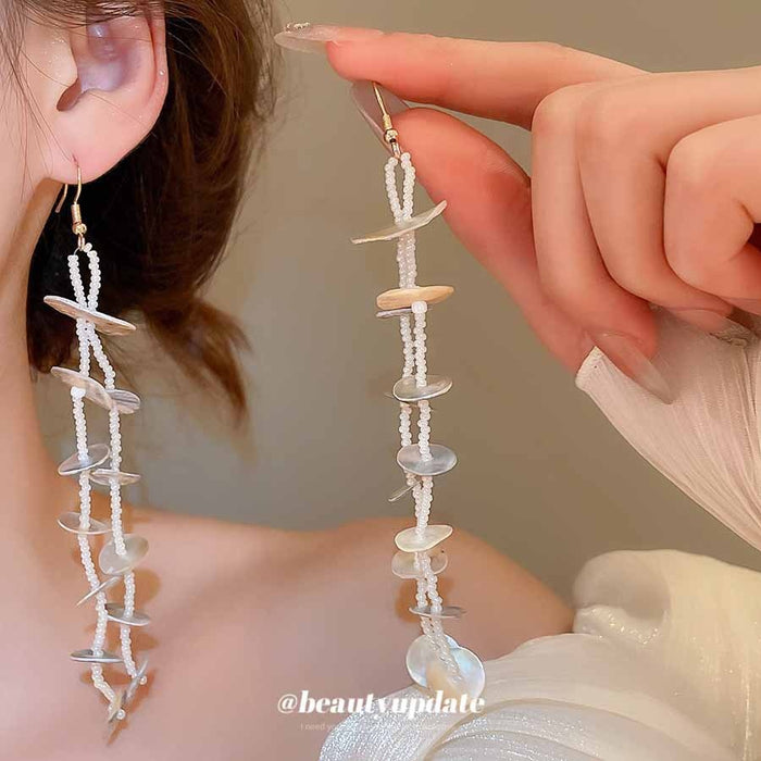 Shell Beaded Geometric Round Tassel Hook Drop Earrings For Beach Vacation Style