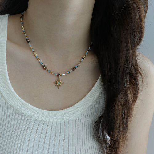 Stainless Steel Crystal Tiger Eye Beaded Eight Point Star Pendant Necklace For Women