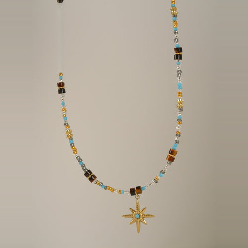 Stainless Steel Crystal Tiger Eye Beaded Eight Point Star Pendant Necklace For Women
