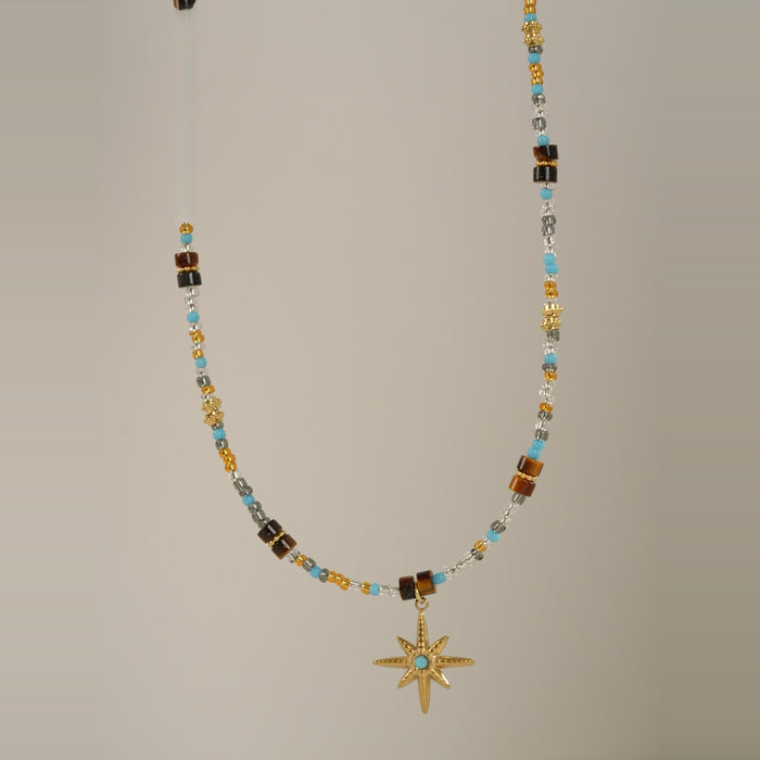 Stainless Steel Crystal Tiger Eye Beaded Eight Point Star Pendant Necklace For Women