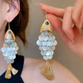 Koi Fish Shell Tassel Drop Earrings Geometric Round Pendant Beach Vacation Style Ear Hooks view 3