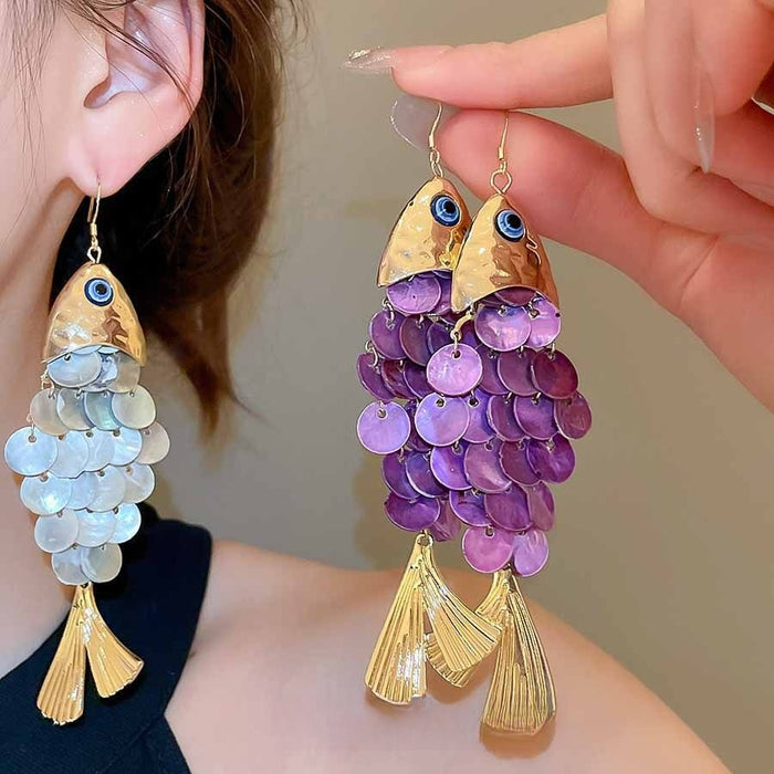 Koi Fish Shell Tassel Drop Earrings Geometric Round Pendant Beach Vacation Style Ear Hooks