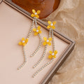 Luxury Elegant French Yellow Flower Pearl Rhinestone Alloy Chain Tassel Long Drop Statement Earrings view 3