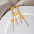 Luxury Elegant French Yellow Flower Pearl Rhinestone Alloy Chain Tassel Long Drop Statement Earrings view 2
