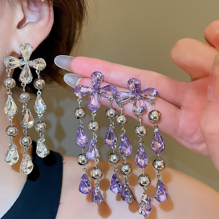 Light Luxury Copper Teardrop Rhinestone Tassel Drop Earrings With Silver Needle Posts