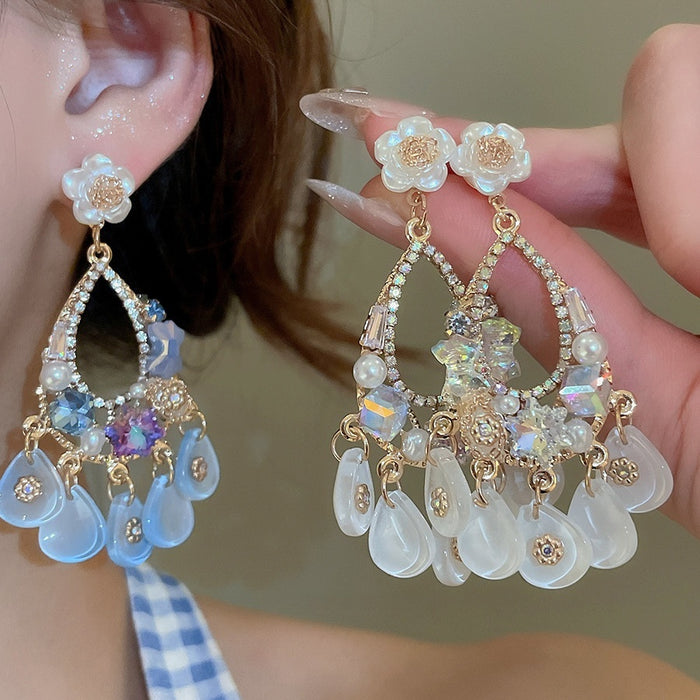 Light Luxury Floral Pearl Resin Crystal Tassel Drop Earrings With Silver Needle