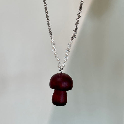 Vintage Ethnic Faux Pearl Crystal Wood Beaded Mushroom Pendant Necklace For Women