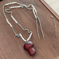 Vintage Ethnic Faux Pearl Crystal Wood Beaded Mushroom Pendant Necklace For Women view 4