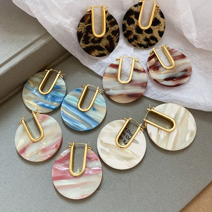 18K Gold Plated Copper U Shape Round Acetate Geometric Vintage Style Earrings