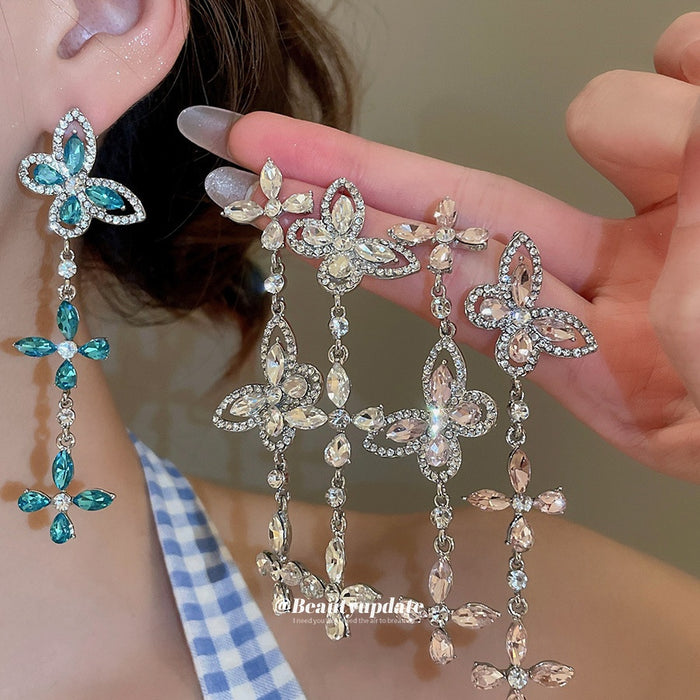 Light Luxury Alloy Rhinestone Butterfly Hollow Tassel Drop Earrings For Women