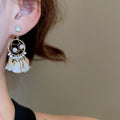 Faux Pearl Rhinestone Round Hollow Tassel Drop Earrings, Court Style Geometric Pendant view 3
