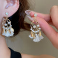 Faux Pearl Rhinestone Round Hollow Tassel Drop Earrings, Court Style Geometric Pendant view 1