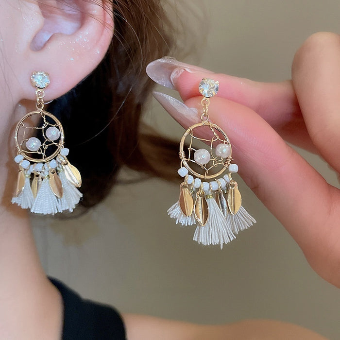 Faux Pearl Rhinestone Round Hollow Tassel Drop Earrings, Court Style Geometric Pendant