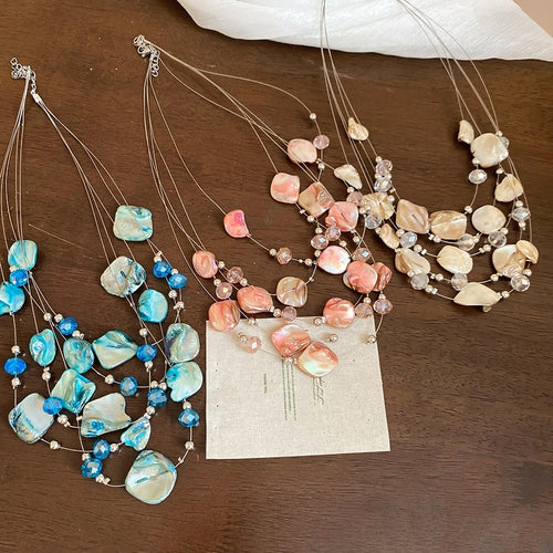 Layered Irregular Shell Crystal Beaded Pendant Necklace Beach Vacation Choker Style