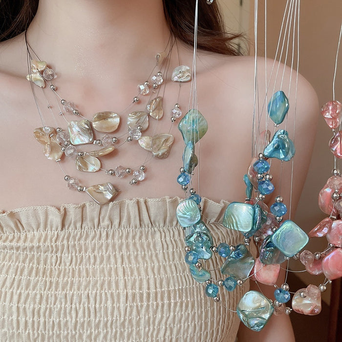 Layered Irregular Shell Crystal Beaded Pendant Necklace Beach Vacation Choker Style