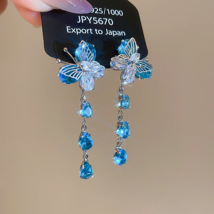 Light Luxury Copper Zircon Butterfly Teardrop Tassel Drop Earrings For Women