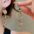 Vintage Alloy Sun Moon Asymmetrical Tassel Pendant Drop Earrings, Geometric Boho Ear Hooks view 1