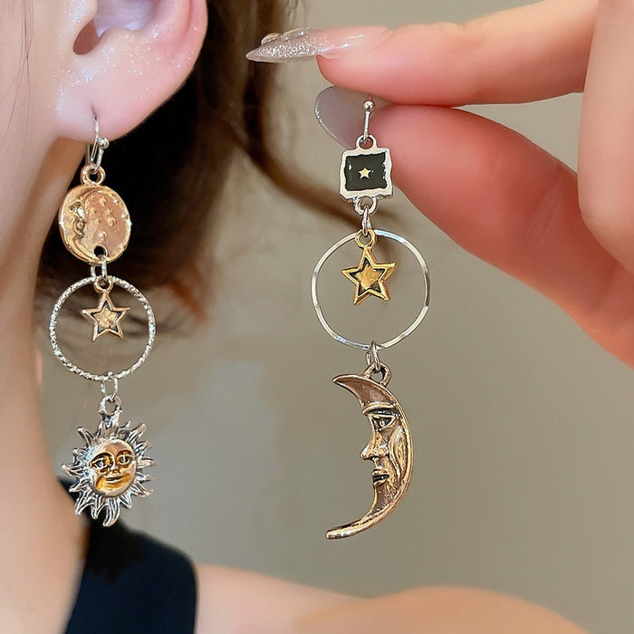 Vintage Alloy Sun Moon Asymmetrical Tassel Pendant Drop Earrings, Geometric Boho Ear Hooks