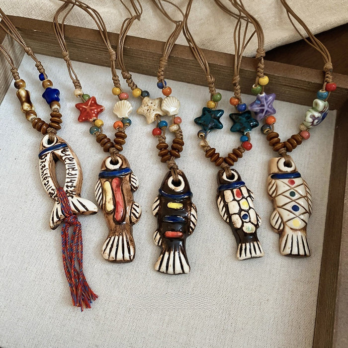 Retro Ethnic Ceramic Wood Bead Koi Fish Starfish Pendant Sweater Necklace
